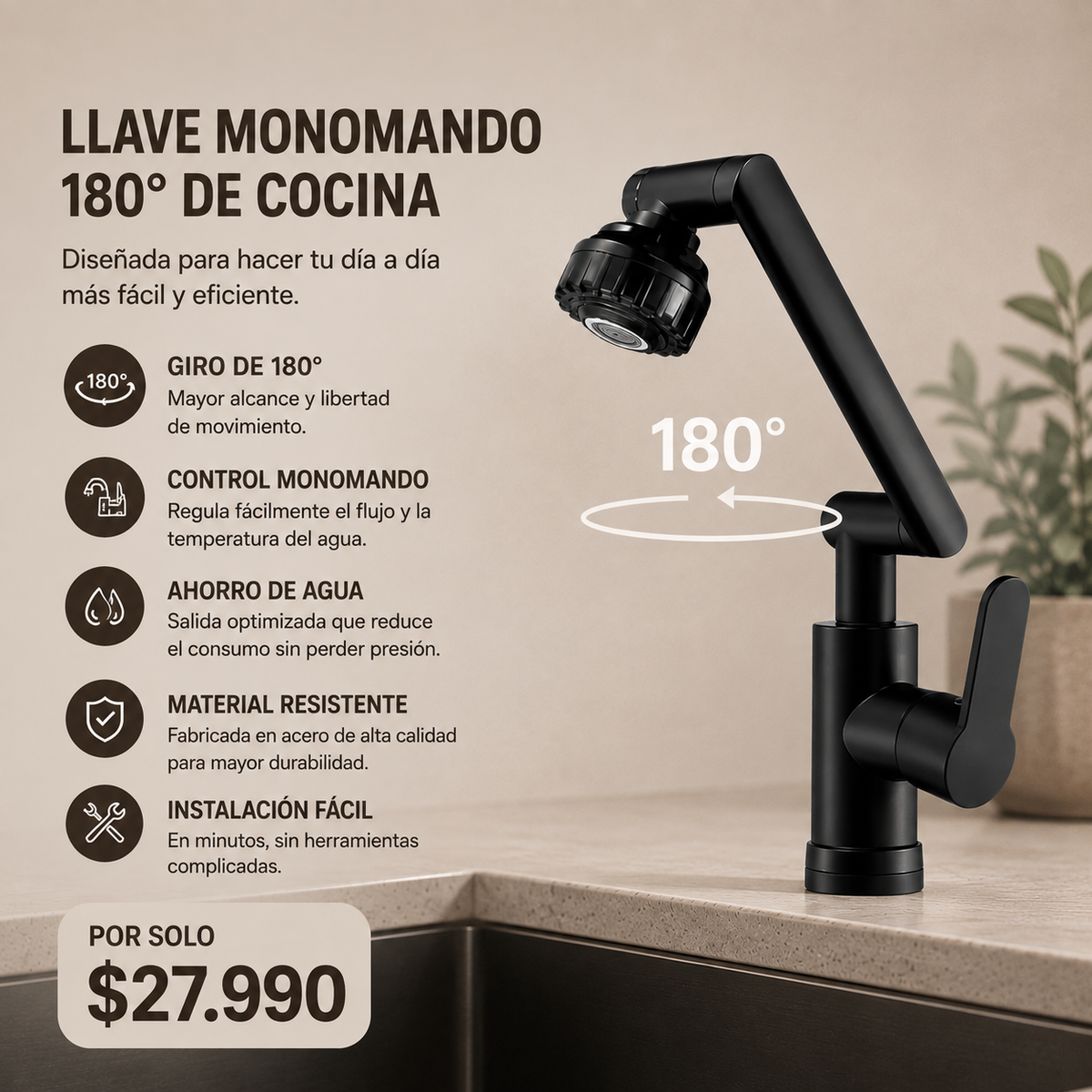 FL - LLAVE MONOMANDO 180° DE COCINA