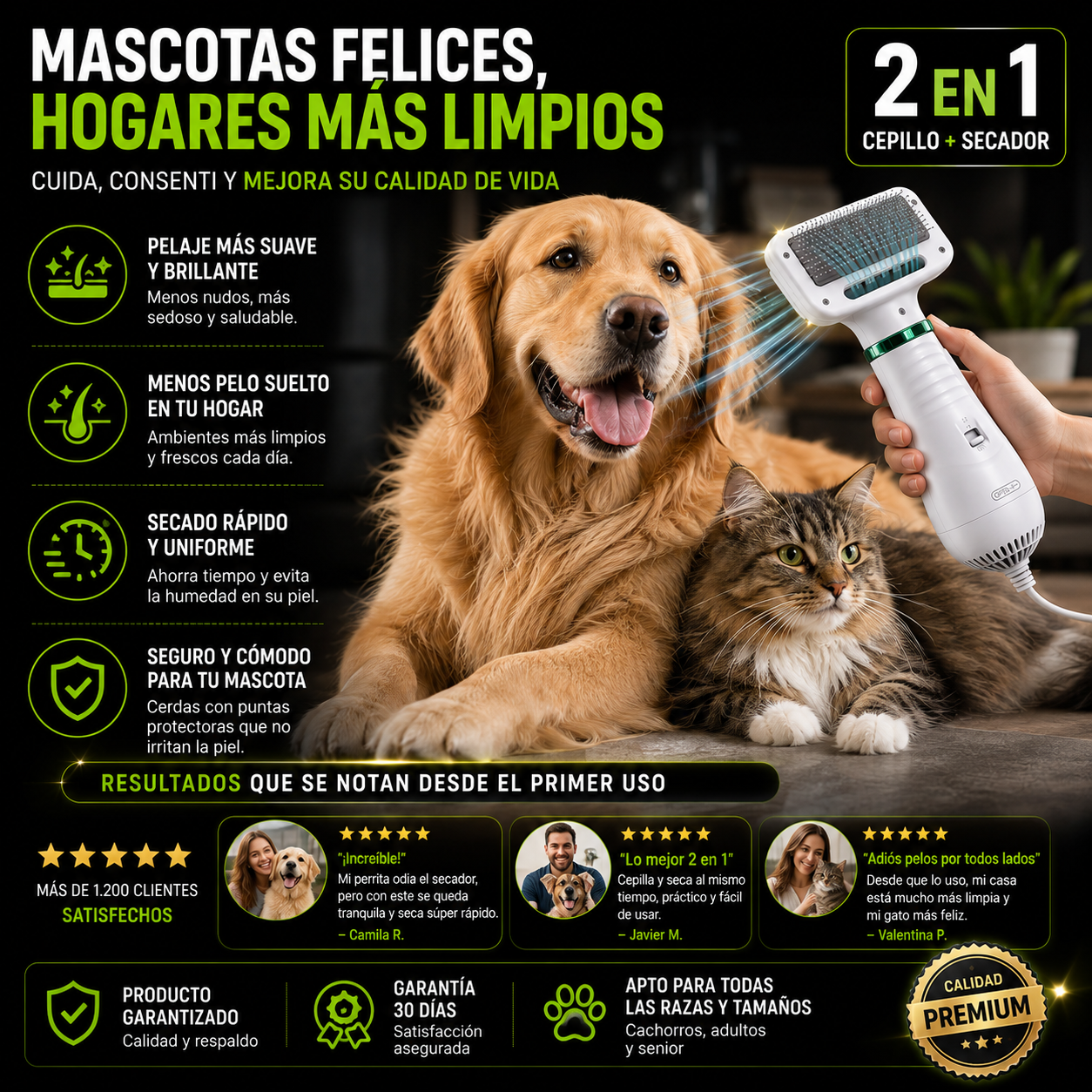 Cepillo Y Secador De Mascotas 2 En 1